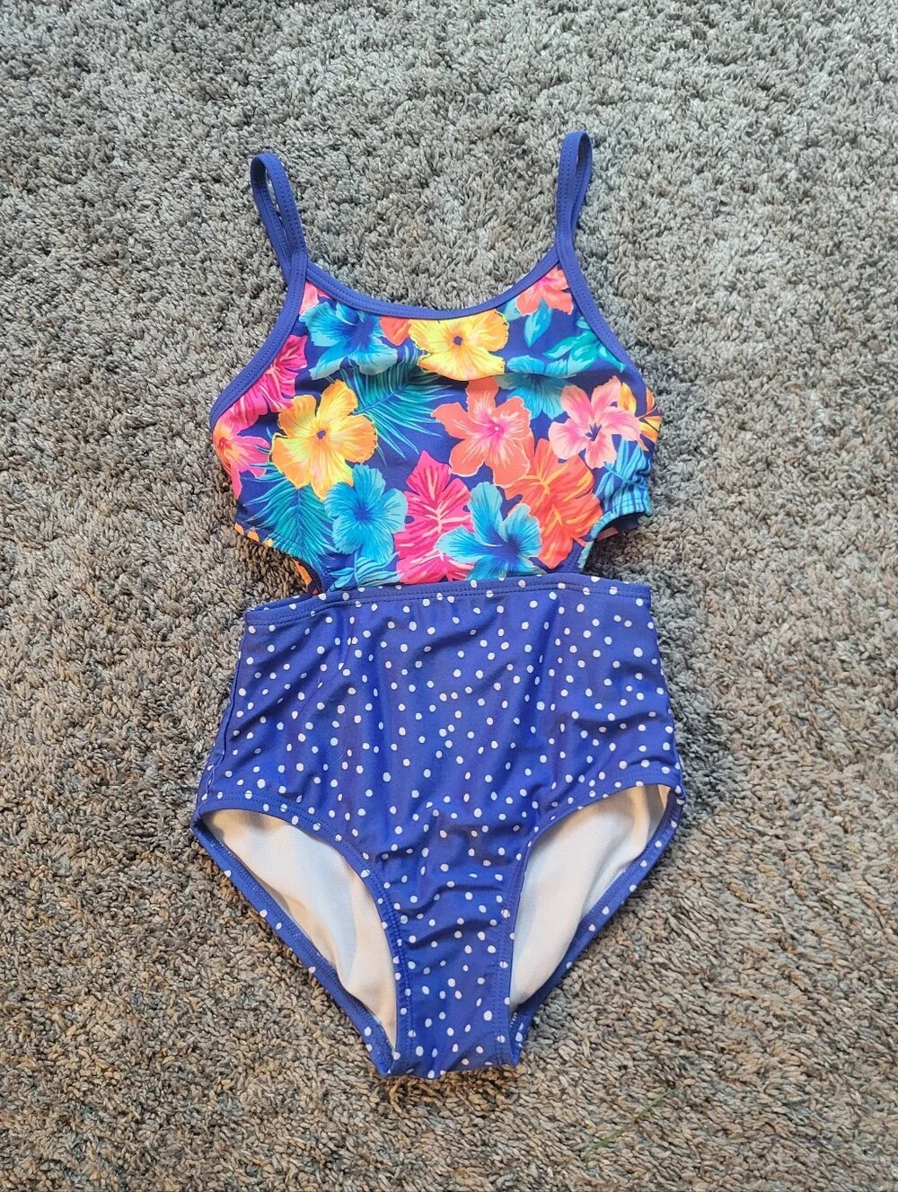 Cat & Jack Blue Floral & Polka Dot Cutout One-Piece Swimsuit Size 4/5T